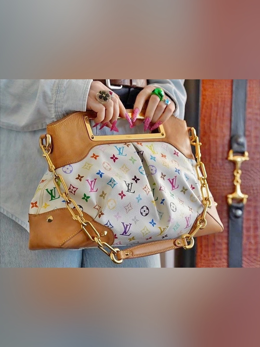Louis Vuitton Multicolor Monogram White Canvas and Tan Leather Tote